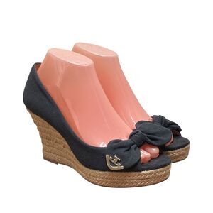 Tory Burch Dory Peep-Toe Espadrille Wedge Women’s Size 8 Black Canvas Bow (HF16)